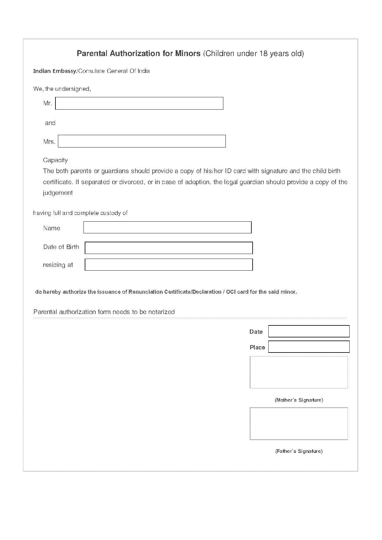 oci declaration form for minor pdf