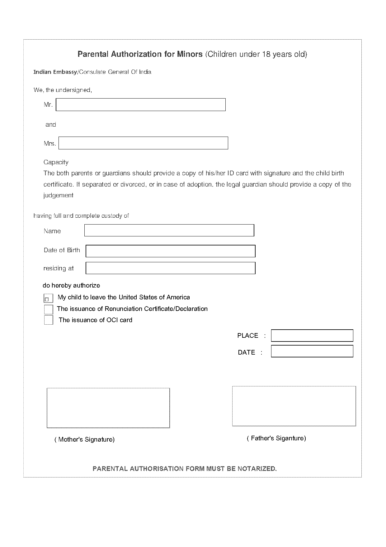 oci declaration form for minor pdf